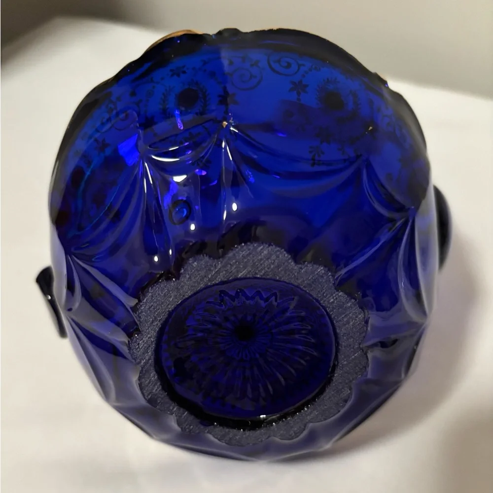 Gorgeous 1960’s Cobalt Blue Glass Basket w/Gold Gilded Decor&Cobalt Blue Beading